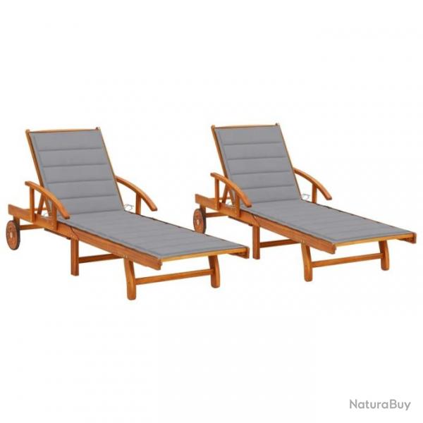 Chaises longues 2 pcs avec coussins Bois d'acacia solide