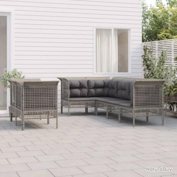 Salon de jardin 7 pcs avec coussins Gris Rsine tresse