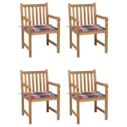 Chaises de jardin 4pcs et coussins à carreaux rouge Teck solide
