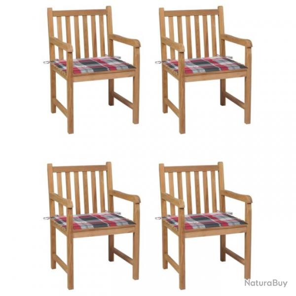 Chaises de jardin 4pcs et coussins  carreaux rouge Teck solide