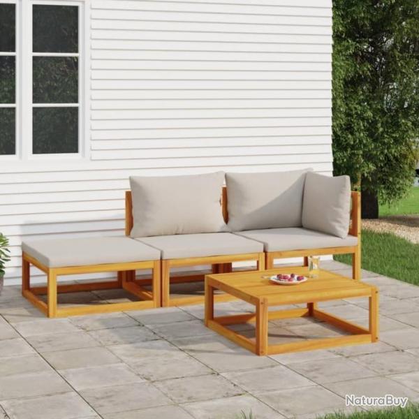 Salon de jardin 4 pcs avec coussins gris clair bois massif