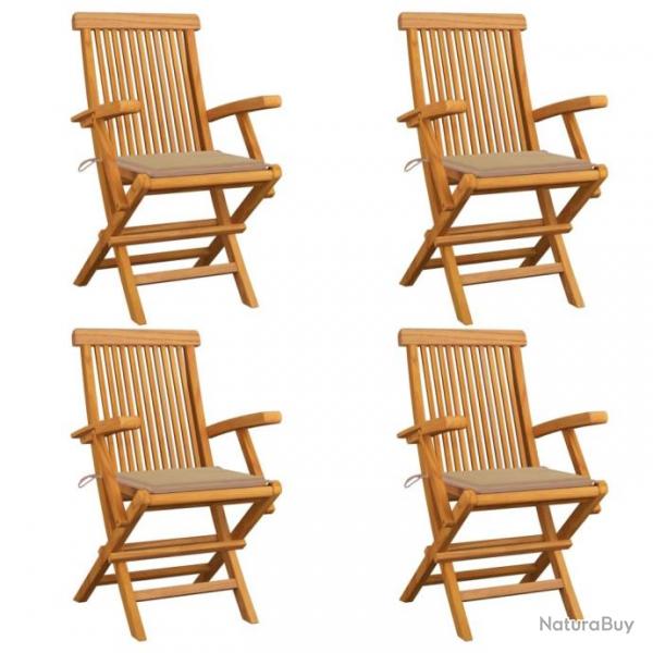 Chaises de jardin avec coussins beige 4 pcs Bois de teck massif