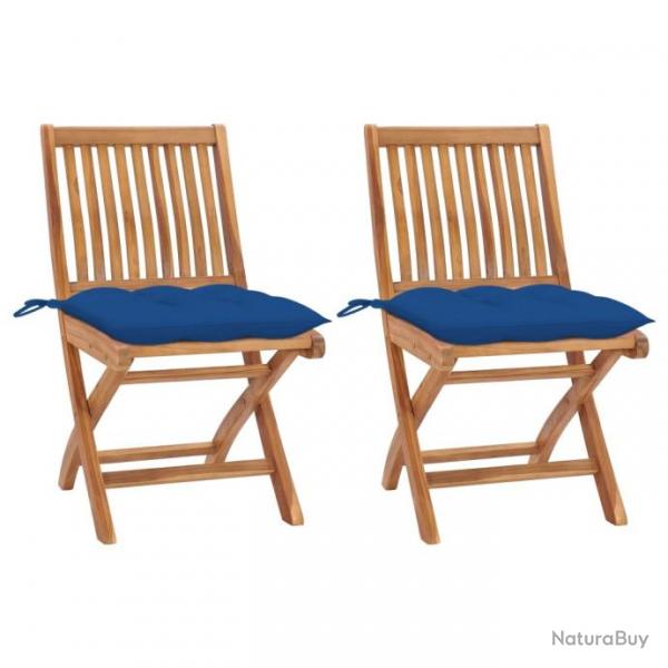 Chaises de jardin 2 pcs avec coussins bleu Bois de teck massif