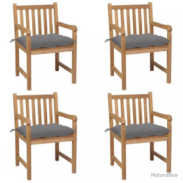 Chaises de jardin 4 pcs avec coussins gris Bois de teck solide