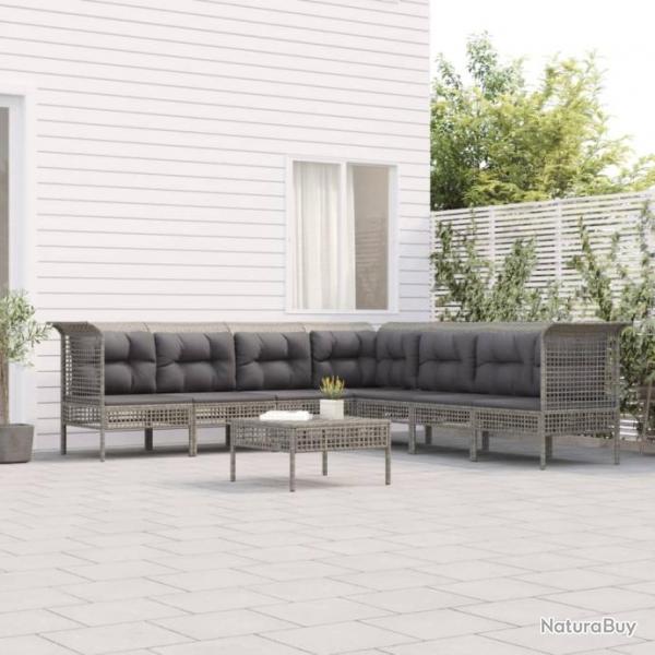 Salon de jardin 8 pcs avec coussins Gris Rsine tresse