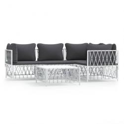 Salon de jardin avec coussins 5 pcs blanc acier