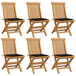 Chaises de jardin avec coussins noir 6 pcs Bois de teck massif