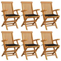 Chaises de jardin avec coussins noir 6 pcs Bois de teck massif