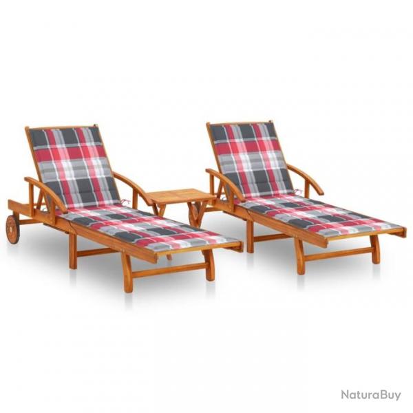 Chaises longues 2 pcs avec table et coussins Acacia solide