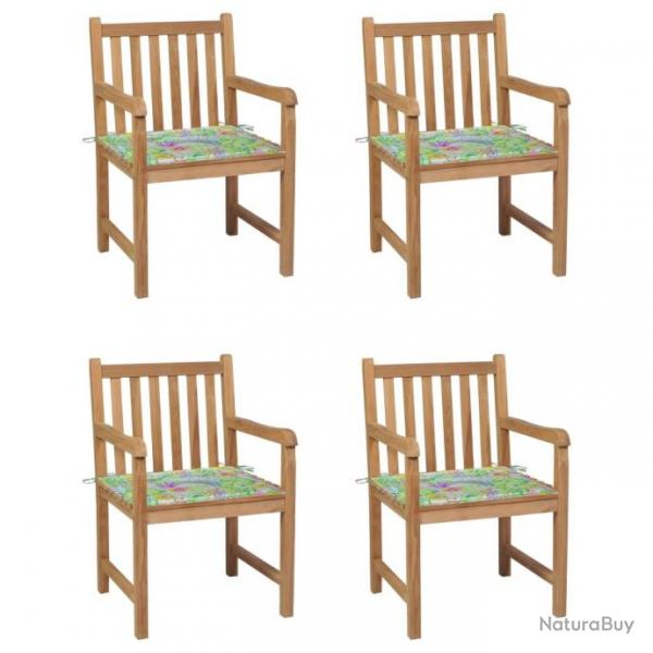 Chaises de jardin 4pcs avec coussins motif feuilles Teck solide