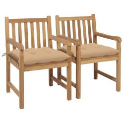 Chaises de jardin 2 pcs avec coussins beige Bois de teck massif