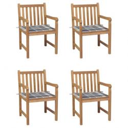 Chaises de jardin 4 pcs et coussins à carreaux gris Teck solide