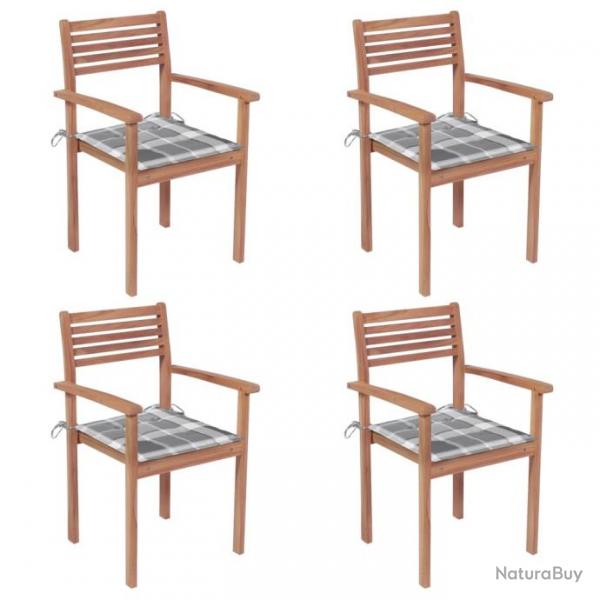 Chaises de jardin 4 pcs avec coussins  carreaux gris Teck
