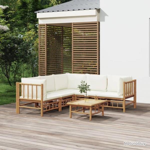 Salon de jardin 6 pcs avec coussins blanc crme bambou