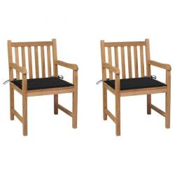 Chaises de jardin 2 pcs avec coussins noir Bois de teck massif