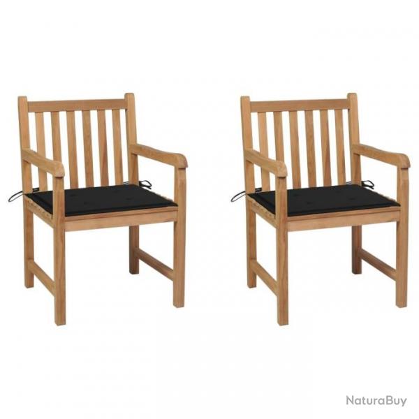 Chaises de jardin 2 pcs avec coussins noir Bois de teck massif