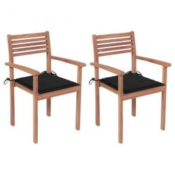 Chaises de jardin 2 pcs avec coussins noir Bois de teck massif