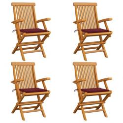 Chaises de jardin avec coussins rouge bordeaux 4pcs Teck massif