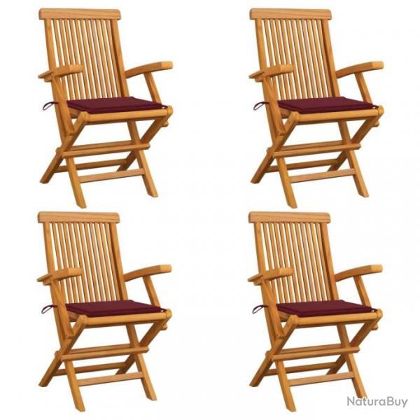 Chaises de jardin avec coussins rouge bordeaux 4pcs Teck massif