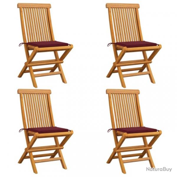 Chaises de jardin avec coussins rouge bordeaux 4pcs Teck massif