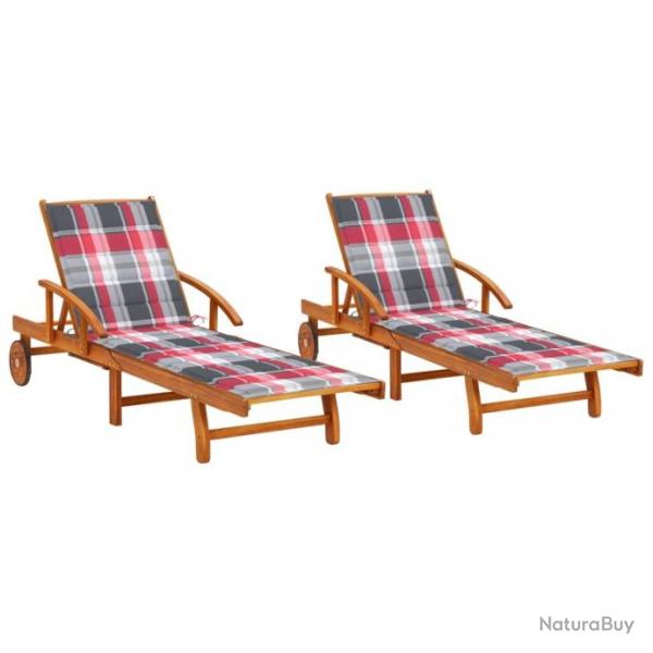 Chaises longues 2 pcs avec coussins Bois d'acacia solide