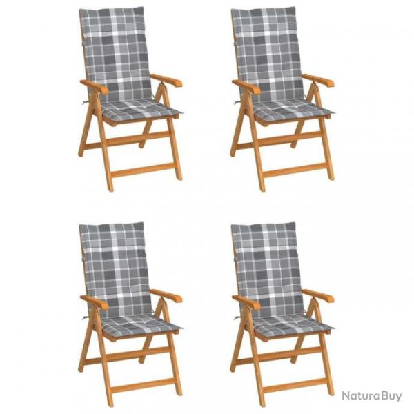 Chaises de jardin 4 pcs avec coussins  carreaux gris Teck