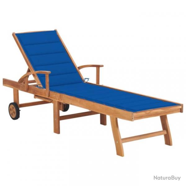 Chaise longue avec coussin bleu royal Bois de teck solide