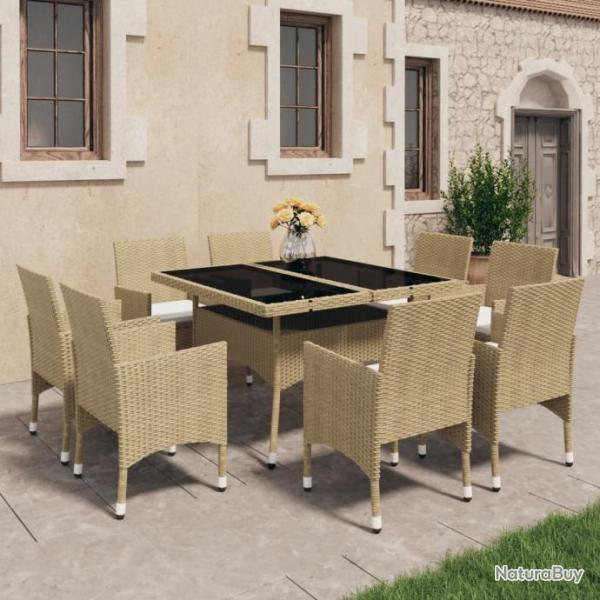 Ensemble  dner de jardin 9 pcs Rsine tresse et verre Beige