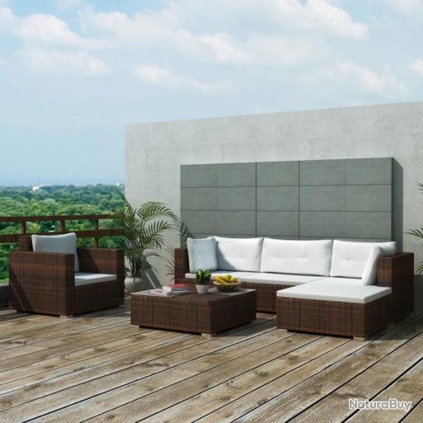 Salon de jardin 6 pcs avec coussins Rsine tresse Marron