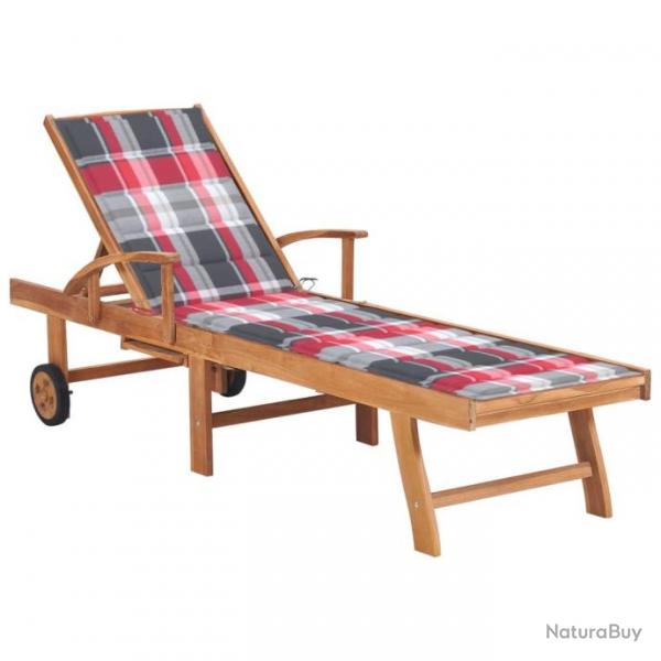 Chaise longue avec coussin  carreaux rouge Bois de teck solide