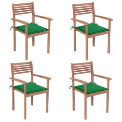 Chaises de jardin 4 pcs avec coussins vert Bois de teck solide