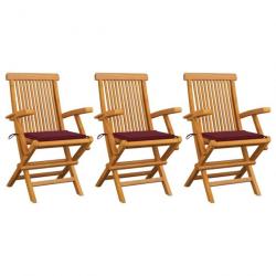 Chaises de jardin avec coussins rouge bordeaux 3pcs Teck massif