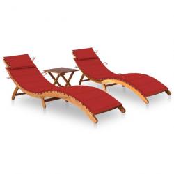 Chaises longues 2 pcs avec table et coussins Acacia solide