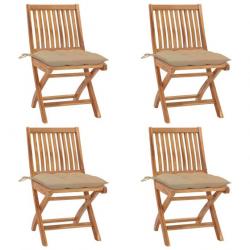 Chaises pliables de jardin avec coussins 4 pcs Teck solide