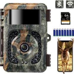 Caméra de Chasse Nocturne 4K WiFi Infrarouge IP66 Etanche + 8 piles + 64G Carte Micro SD A1 U3 V30