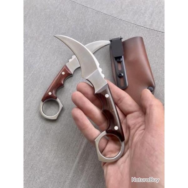 Couteau karambit acier D2 manche en bois avec tui