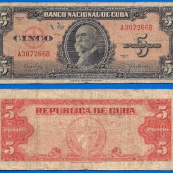 Cuba 5 Pesos 1950 Maximo Gomez Billet Peso Serie A