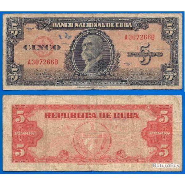 Cuba 5 Pesos 1950 Maximo Gomez Billet Peso Serie A