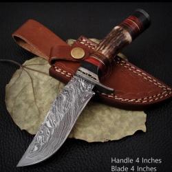 Couteau de chasse lame Damas poignée bois de cerf handmade stage Hunting knife avec Étui cuir