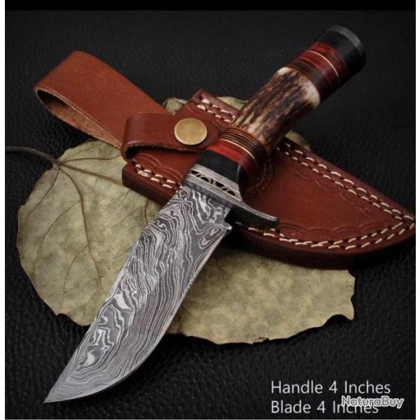 Couteau de chasse lame Damas poigne bois de cerf handmade stage Hunting knife avec tui cuir