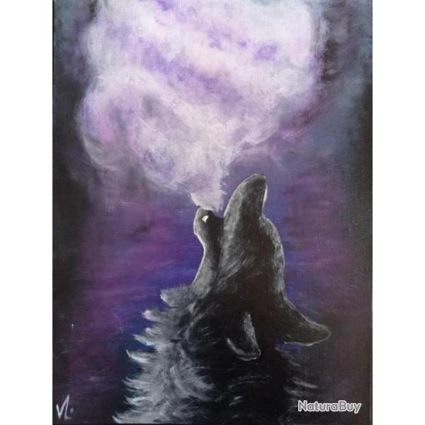 Peinture acrylique sur toile - Hurlement du loup dans la nuit