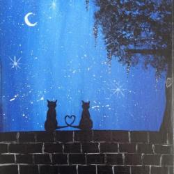 Peinture acrylique sur toile - Couple de chats dans la nuit