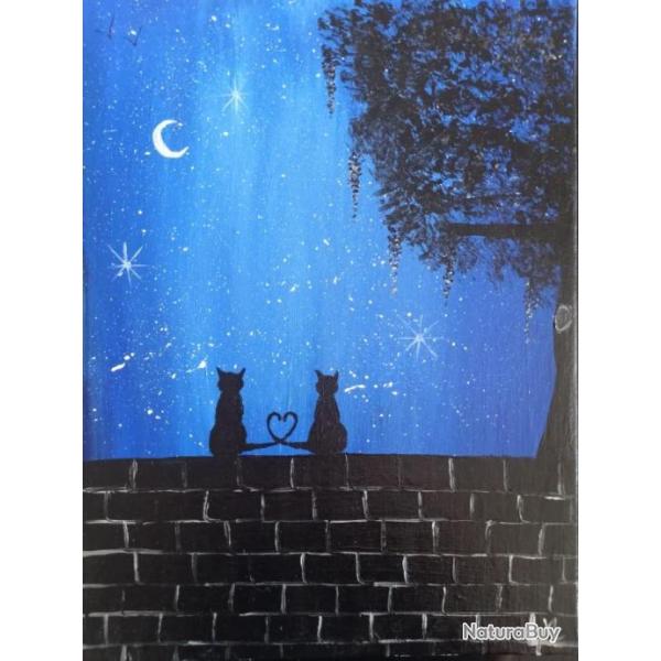 Peinture acrylique sur toile - Couple de chats dans la nuit