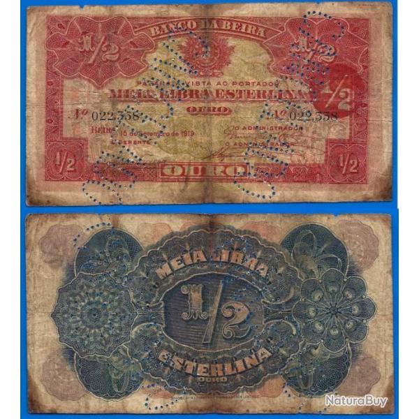Mozambique 1/2 Libra Sterling 1919 Livre Cancelado Beira Colonie Portugal Billet
