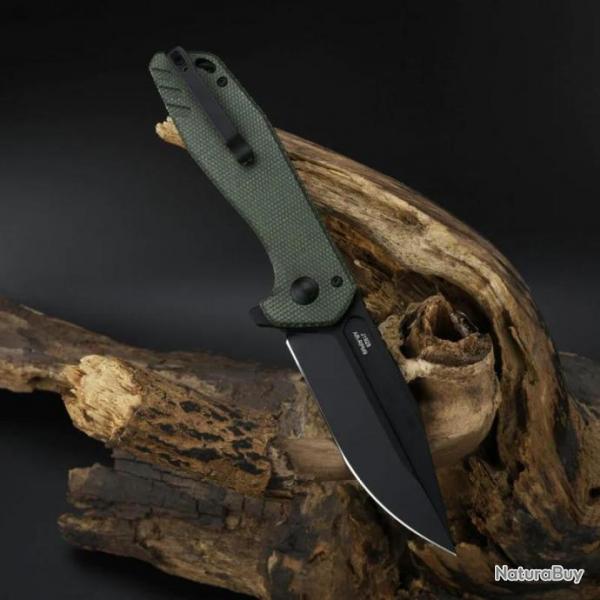 Couteau CJRB Cutlery Riff Green Lame Acier AR-RPM9 BLK Manche Micarta IKBS Button Lock J1928BMGN