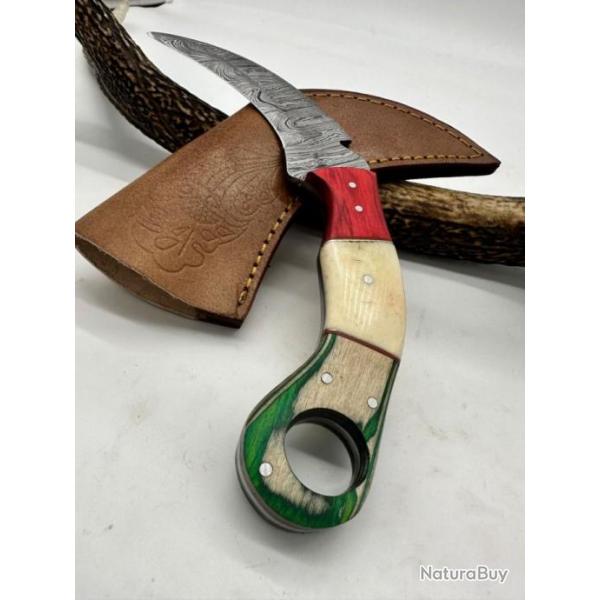Couteau Karambit Lame Acier DAMAS 256 couches manche en os Fabrication Artisanal Rf KO1