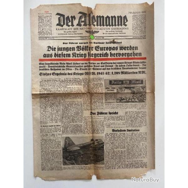 Journal Allemand ww2 Der Alemanne Kampfblatt Nationalsozialisten Oberbadens 1 octobre 1942