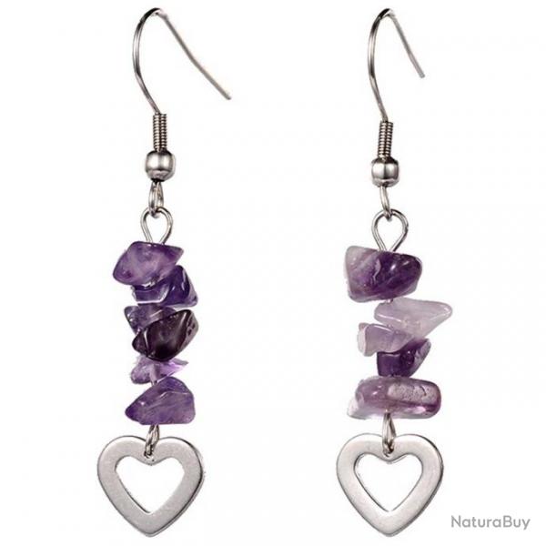 Boucles d'oreilles coeur en mtal et amthyste