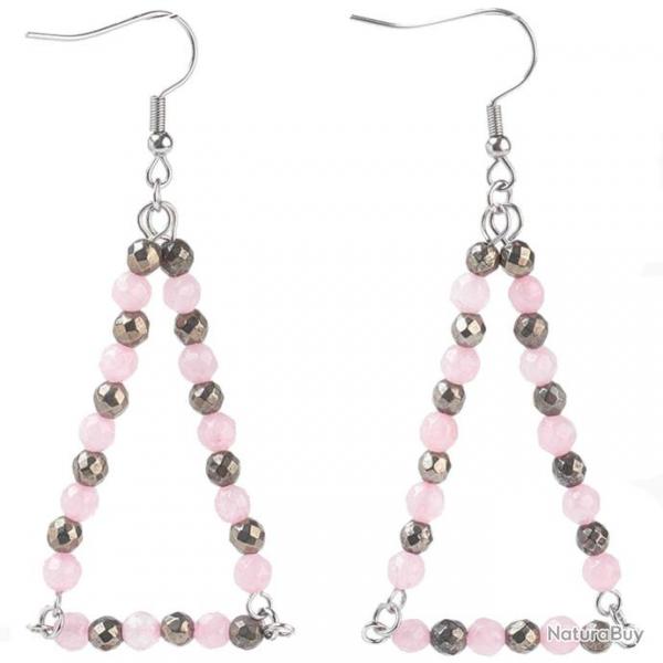 Boucles d'oreilles triangle avec perles de quartz rose et pyrite