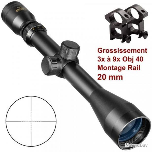 Lunette de Vise 3-9x40 quipe 2 Colliers pour rail 20mm Chasse Battue Tir